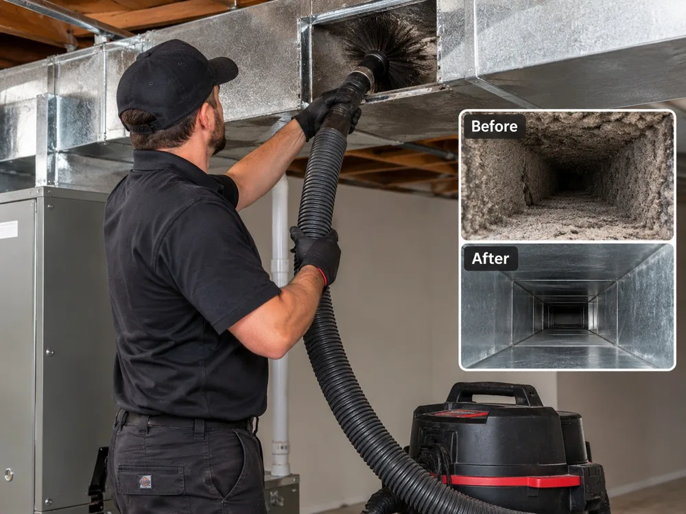 Technician cleaning an air duct, with before and after views