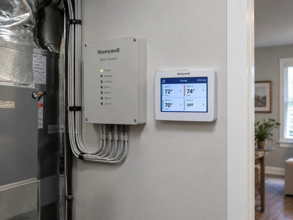 Zone control panel and zoning thermostat beside an air handler